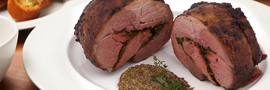 HERB-STUFFED BONELESS LEG OF LAMB WITH GRAINY MUSTARD